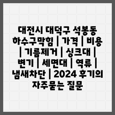 대전시 대덕구 석봉동 하수구막힘 | 가격 | 비용 | 기름제거 | 싱크대 | 변기 | 세면대 | 역류 | 냄새차단 | 2024 후기